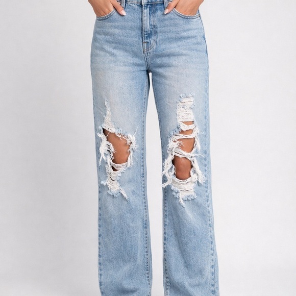 Cello Denim - Cello Distressed Light Wash Wide Leg Jeans Size 7 Frayed Hem Ripped Denim
